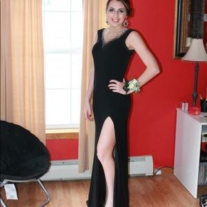 La Femme Black Floor-Length Prom Dress with Beaded Neckline